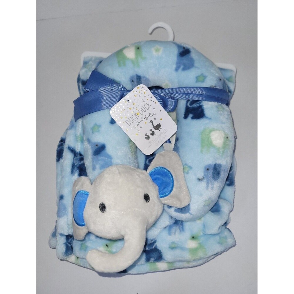Duck Duck Goose Blue Elephant Plush Neck Pillow & Blanket NWT